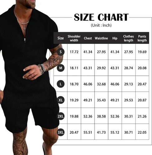 Vista 6 de Aulemen Conjunto deportivo de 2 piezas con cremallera para hombre, manga corta, camiseta polo y pantalones cortos, conjuntos de verano para hombre