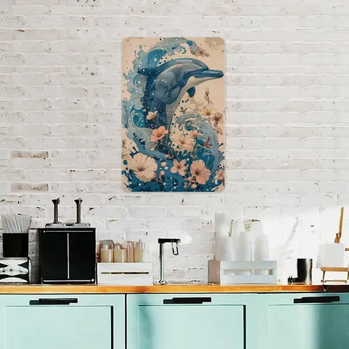 Vista 5 de Abstract Dolphin with Flowers Metal Tin Sign Wall Decor Retro Sign for Home Living Room Bedroom Coffee Wall Decor Halloween Christmas Gifts 8x12Inch