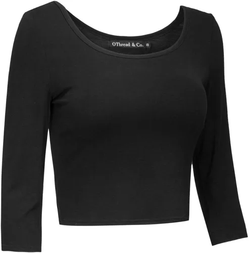 Vista 3 de OThread Co Camiseta corta básica elástica con cuello redondo y manga 34 para mujer