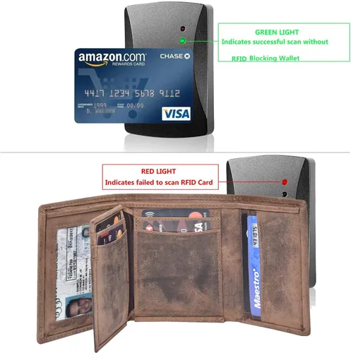 Vista 3 de Cartera Trifold de cuero RFID con 9 ranuras para tarjetas, bolsillo de moneda de bolsillo de 2 notas y ventana de identificación