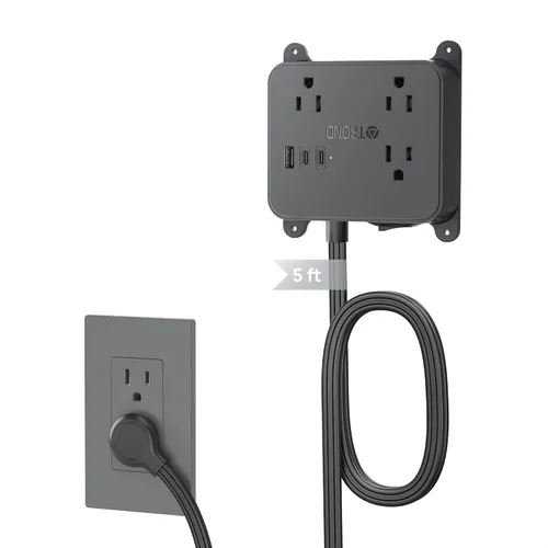 Vista 12 de TROND Regleta de alimentación de enchufe plano, cable de extensión corto de 3 pies con 3 salidas de CA, estación de carga de montaje en pared con 2