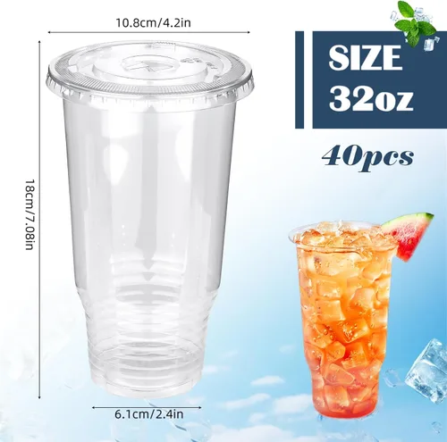 Vista 2 de Vasos de plástico transparente de 32 onzas con tapas, 40 vasos desechables para bebidas frías, postres, helado, café helado, té con leche