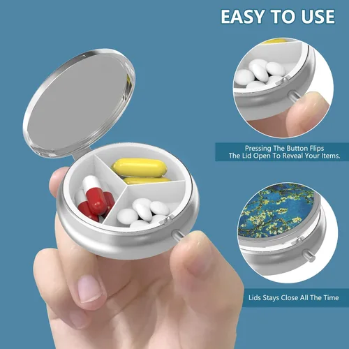 Vista 4 de Pastillero pequeño con 3 compartimentos, portátil para bolsillo o bolso, organizador de pastillas, soporte para guardar vitaminas, medicamentos