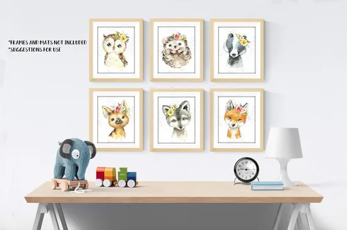 Vista 9 de Juego de 6 piezas de arte para pared de guardería de animales del bosque, impresiones de animales de bosque en acuarela, decoración de guardería