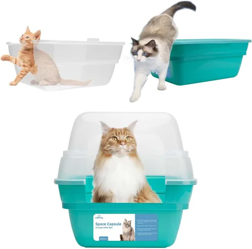 Vista 5 de Caja de arena para gatos Petfamily, caja de arena grande plegable jumbo con techo y tapa transparente (Azul verdoso)