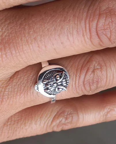 Vista 7 de Anillo de mujer de plata de ley 925 con búho y luna creciente