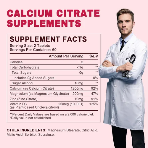 Vista 7 de Citrato de calcio de 1200 mg con suplemento de vitamina D3 para mujeres y hombres, calcio y magnesio zinc D3 para la salud de los músculos óseos