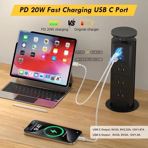Vista 2 de Kungfuking Toma de corriente desplegable para encimera, enchufe con 3 salidas de CA y 2 PD 20 W USB-C y 1 puerto USB, oficina de conferencias