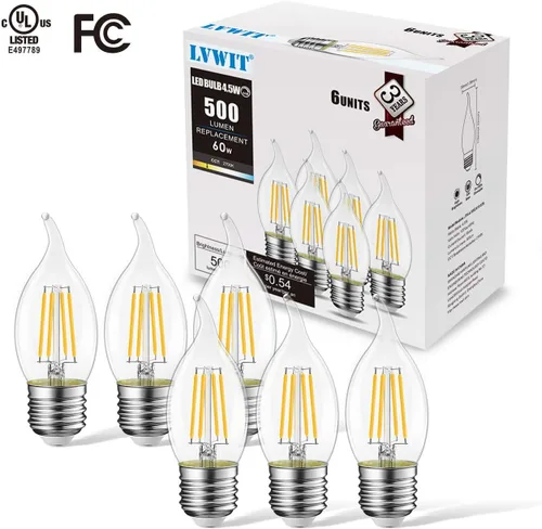 Vista 5 de LVWIT Bombilla LED de filamento con punta de llama, candelabro E26, base regulable 4.5 W (equivalente a 60 W) B11, 2700 K, blanco cálido, paquete
