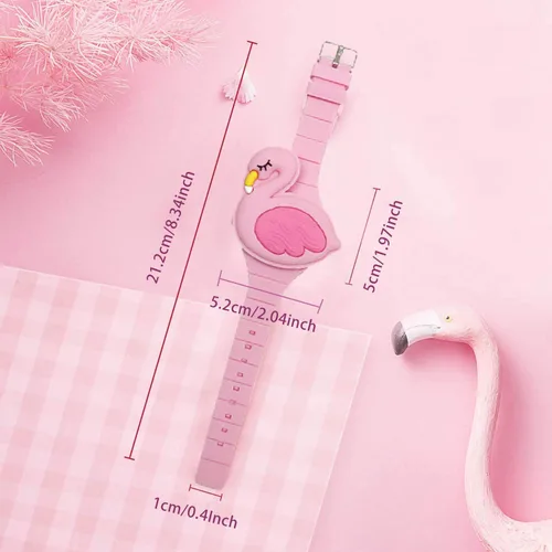 Vista 4 de Reloj de aprendizaje para niñas pequeñas de 3 a 8 años, 3D lindo diseño de caricatura de flamenco rosa con diseño de concha para niños, reloj