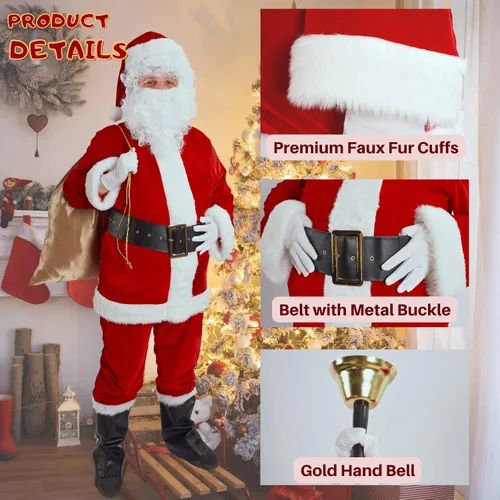 Vista 6 de Kofero Disfraz de Papá Noel para hombre, traje de Papá Noel para adultos, 11 piezas, terciopelo de lujo, traje de Navidad, fiesta de vacaciones, Rojo