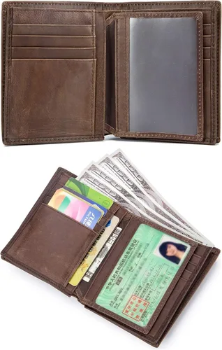 Vista 5 de BULLCAPTAIN Cartera de cuero genuino para hombres con bloqueo RFID billeteras de identificación con ventana de crédito titular de la tarjeta