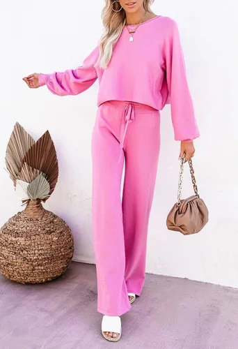 Vista 2 de Pink Queen Conjunto de 2 piezas de suéter de manga larga y pantalones largos de pierna ancha para mujer