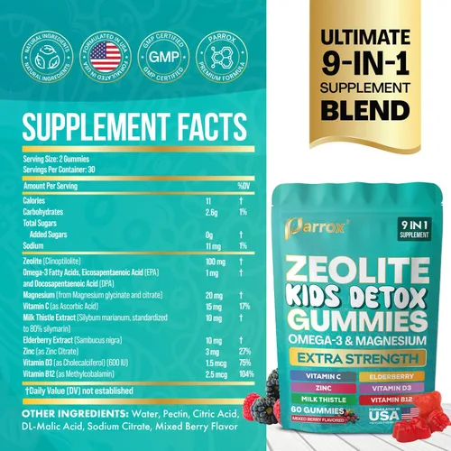 Vista 2 de Gomitas de Zeolita Parrox para Niños, 9-en-1 con Zeolita, Omega-3, Magnesio, Saúco, Vitamina C, Cardo Mariano, Vitamina D3, Zinc, B12 – Sin Azúcar