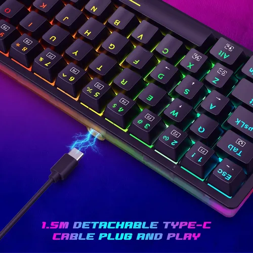 Vista 7 de Teclado mecánico al 60%, mini teclado para juegos con cable, compacto 60%, retroiluminación RGB, interruptor rojo intercambiable en caliente