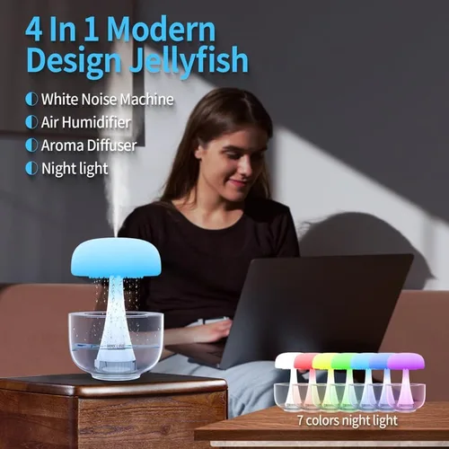 Vista 3 de Humidificador de lluvia nube de goteo, difusor de nube de lluvia, luz nocturna de lluvia y goteo, humidificador de hongos con goteo de agua, lámpara