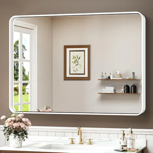Vista 10 de TokeShimi Espejo de pared de baño de níquel cepillado de 20 x 30 pulgadas, marco de metal, esquina redonda, rectangular, para decoración del hogar