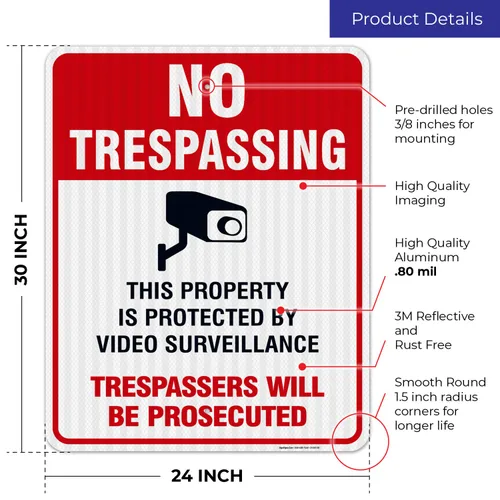 Vista 3 de Señal de videovigilancia No Trespassing, cámara de seguridad CCTV, 24 x 30 pulgadas, 3M EGP reflectante aluminio .080, resistente a la decoloración