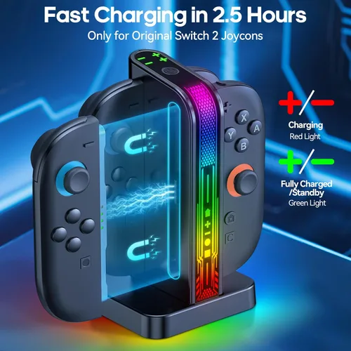 Vista 2 de Switch 2 Controller Charger Dock para Nintendo Switch 2 JoyCon, estación de carga magnética rápida de 2.5 horas con LED RGB e indicador, Joy-Con 2