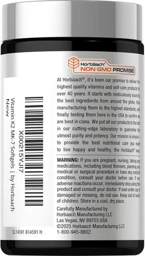Vista 3 de Horbäach Vitamina D3 K2 5000 UI Complejo de 100 mcg MK-7 180 Cápsulas Blandas Suplemento sin OMG y sin gluten