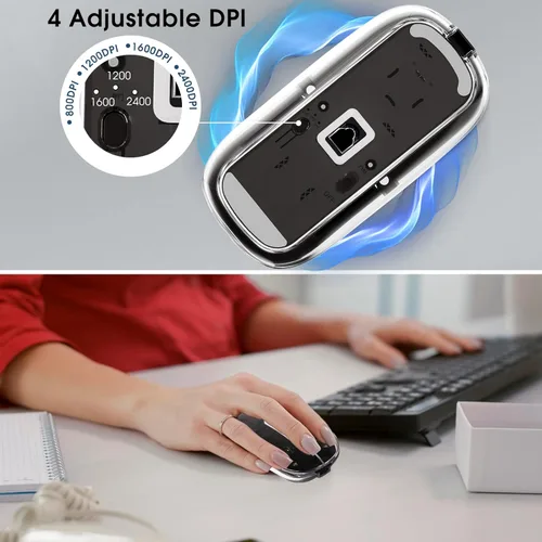 Vista 6 de Mouse inalámbrico transparente para computadora, mouse Bluetooth recargable, pantalla de alimentación, DPI, acceso directo, Bluetooth trimodo
