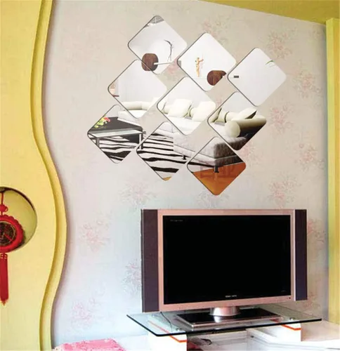 Vista 6 de Adhesivos de pared de espejo, 12 piezas extraíbles de acrílico 3D de plástico, azulejos de pared autoadhesivos para bricolaje, decoración de pared