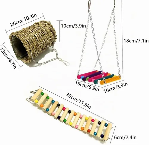 Vista 2 de Hamiledyi Hamster - Hamaca colgante de 3 piezas de madera para ratas, juego de columpios, accesorios para hámster sirio, planeador de azúcar