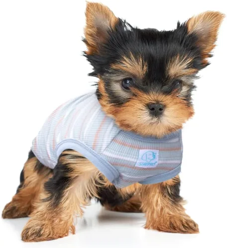 Vista 7 de Camisetas a rayas para perros y gatos, 102 % algodón, para perros y gatos pequeños, ropa sin mangas para cachorros para Chihuahua, verde Yorkie
