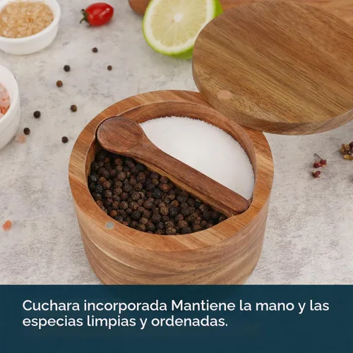 Vista 3 de KITCHENDAO Caja de Tazón de Sal y Pimienta de Madera de Acacia, Cuchara Incorporada, Contenedor de Condimentos de Especias de Dos Compartimentos