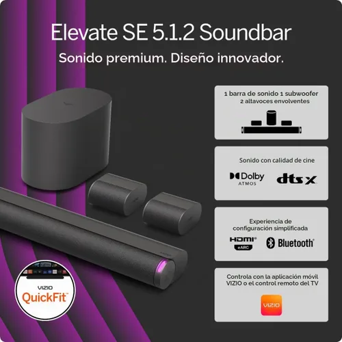 Vista 2 de VIZIO 5.1.2 Elevate SE Barra de sonido, subwoofer inalámbrico, sonido envolvente con Dolby Atmos y DTS:X, altavoz Bluetooth, compatible