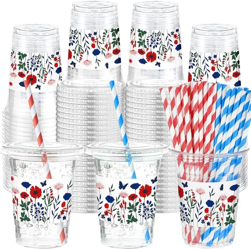 Vista 13 de Sliner 50 juegos de vasos de plástico a cuadros de 16 onzas con tapas y pajitas de papel, vasos desechables transparentes para fiesta de autos