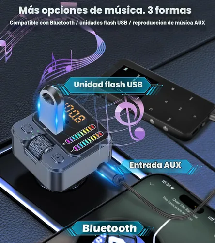 Vista 4 de Adaptador de coche Bluetooth 5.3 con transmisor FM 42W PD carga rápida Bluetooth AUX USB Music Receiver HandsFree Calls, Beat Sync LED Lights for
