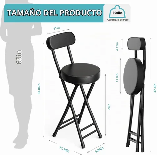 Vista 3 de Taburete plegable, taburete de bar plegable acolchado acolchado, 24 pulgadas de altura negra, taburete portátil resistente con capacidad de 300