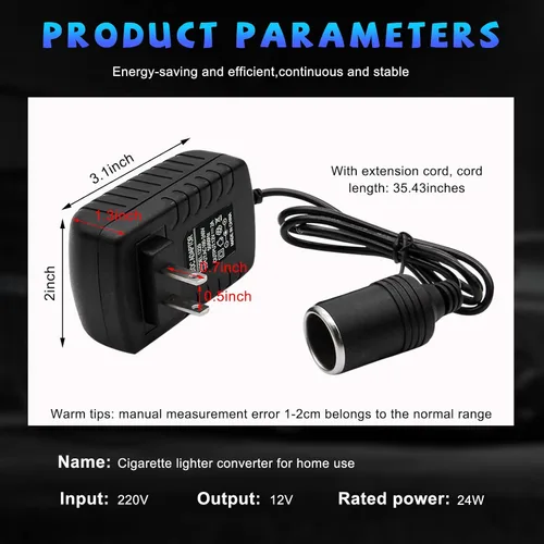 Vista 2 de Convertidor de CA a CC, 100-240V a 12V 2A 24W Convertidor AC/DC, enchufe para encendedor de cigarrillos, fuente de alimentación de CA/CC