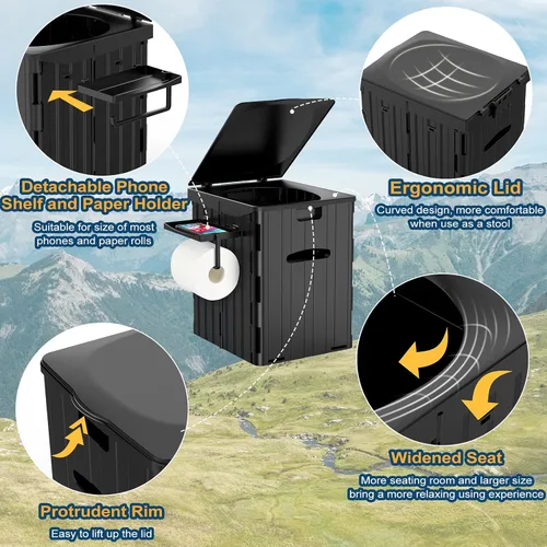 Vista 3 de Inodoro portátil XL para adultos, extra grande de 15.4"H plegable para acampar con estante desmontable para teléfono y soporte para papel