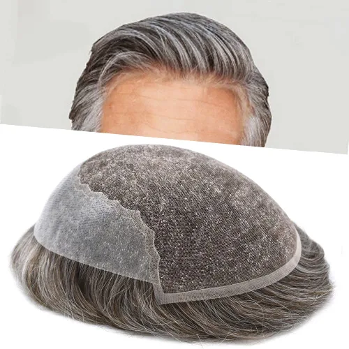 Vista 27 de Toupee para hombres, sistemas de reemplazo de cabello francés, encaje frontal, nudos blanqueados, línea capilar natural, encaje con piezas