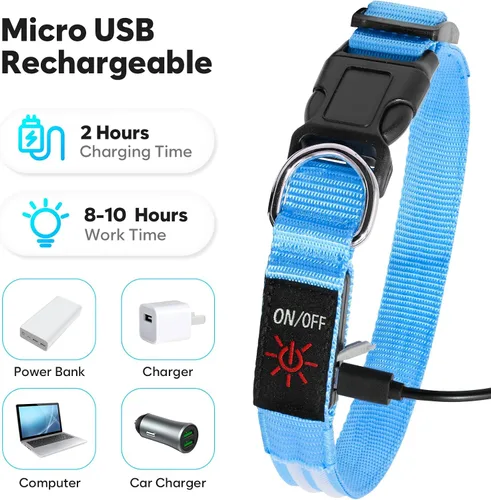 Vista 4 de Collar de perro con luz LED, recargable que brilla en la oscuridad, collar ajustable para perros pequeños (S, azul)
