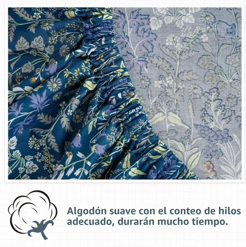 Vista 7 de QSH 100% Sábanas de algodón para cama tamaño Queen - Estampado floral azul de plantas patrón botánico lujoso de algodón estampado floral ropa