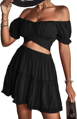 Vista 6 de LYANER Conjunto de 2 piezas para mujer con estampado floral y hombros descubiertos y minifalda
