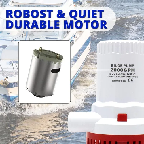 Vista 4 de Kit de bomba de sentina no automática de 12 V 2000 GPH con interruptor de flotador, combo de bomba de agua sumergible para barcos, 8.5 A resistente