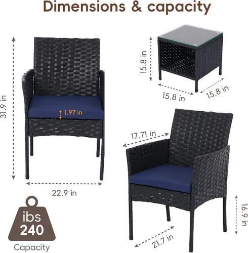 Vista 2 de 3 Piece Patio Furniture Set, Black Wicker Chairs with Blue Cushions Blue/Black