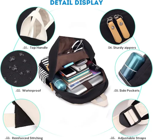 Vista 2 de Mochila escolar para adolescentes y mujeres, lindo juego de mochila universitaria de lona a rayas con bolsa de almuerzo, bolsa para lápices