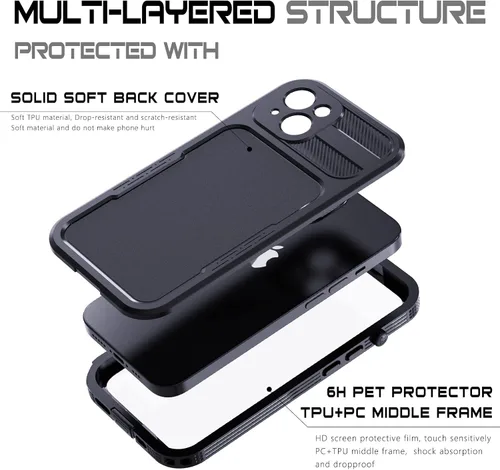 Vista 4 de Funda impermeable para iPhone 14 con protector de pantalla integrado, a prueba de polvo, a prueba de golpes, a prueba de caídas, cubierta protectora