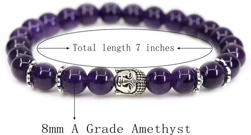 Vista 2 de Piedra preciosa natural con plata de ley 925 con cabeza de Buda de 0.315 in, cuentas redondas, pulsera elástica de 7 pulgadas Amatista