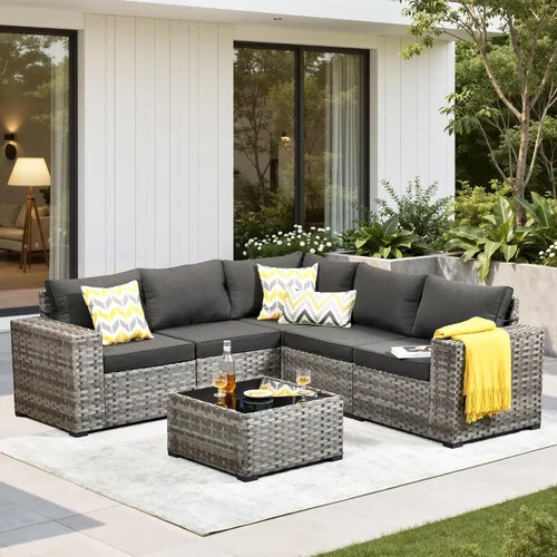 Vista 19 de Juego de muebles de patio de 6 piezas, sofá modular de mimbre para exteriores con mesa auxiliar, cómodos cojines, moderno sofá modular de ratán