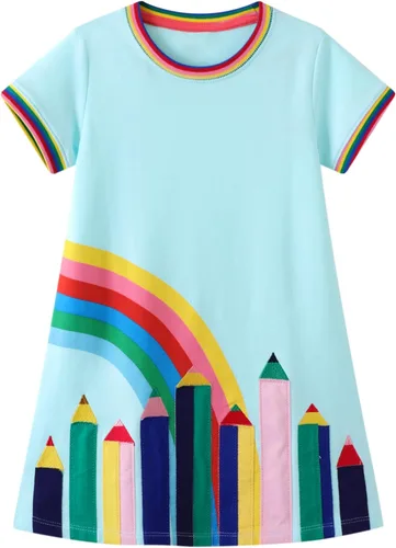 Vista 20 de Bumeex - Vestidos de verano para niñas pequeñas, de algodón, estampado de caricatura, manga corta, vestidos casuales para niñas, vestidos de sol
