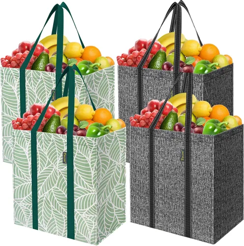 Vista 25 de BALEINE Paquete de 2 bolsas de comestibles reutilizables con parte inferior reforzada, bolsas plegables resistentes (follaje antiguo)