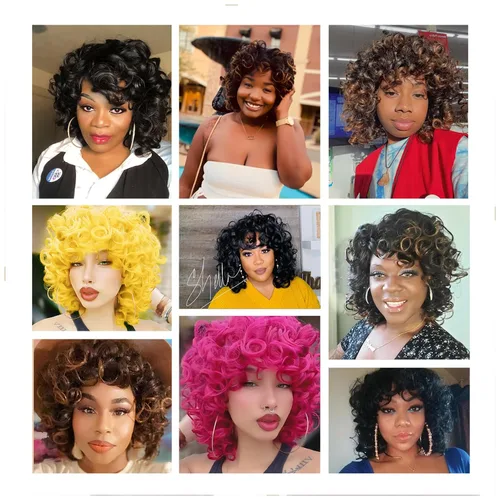 Vista 3 de Pelucas cortas y rizadas con flequillo para mujeres negras, peluca rizada afro afro, cabello sintético suave resistente al calor, peluca de aspecto