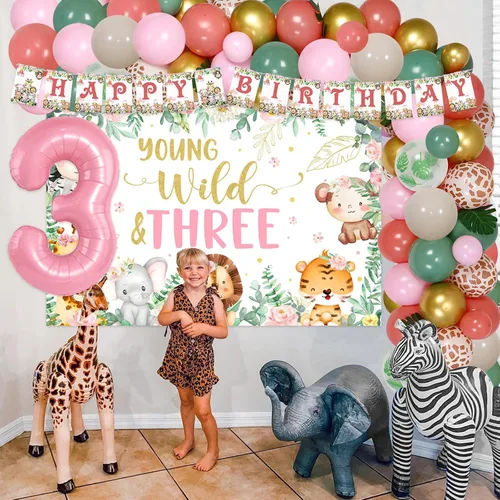 Vista 3 de Decoraciones de cumpleaños Young Wild y Three Birthday Girl – temática de safari en la selva Young Wild y tres telón de fondo para pastel con kit