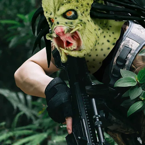 Vista 6 de Lyxaof Máscara de depredador, máscara de monstruo alienígena, réplica de réplicas de soldados, casco de cosplay, espeluznante disfraz de depredador